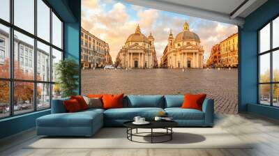 Piazza del Popolo (People's Square) in Rome, Italy. Churches of Santa Maria in Montesanto and Santa Maria dei Miracoli in Rome, Italy. Rome architecture and landmark. Nice scenery of Rome Wall mural