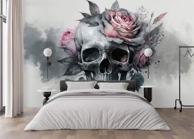 skull with red roses, watercolor tattoo style, tattoo design skull, generative ai Wall mural