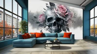 Skull with red roses, watercolor tattoo style, tattoo design skull, generative ai Wall mural