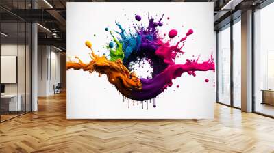 Splash of colors paint in the air on white background, multicolors paint splashing explosion in the air, liquid explosion 3d illustration, generative AI Wall mural