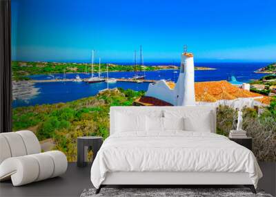 View of Porto Cervo and Stella Maris church, Italian seaside resort in northern Sardinia, Italy. Centre of Costa Smeralda. One of the most expensive resorts in the world. Wall mural