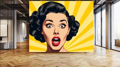 Wow effect, beautiful surprised young woman with open mouth, retro pop art style surprised and excited comics woman with open mouth, surprised woman on Pop art background,. Wall mural