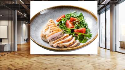 Sliced chicken breast fillet steak with green salad in a plate.  Isolated, Transparent background. Wall mural