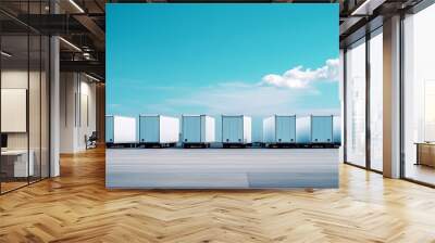 Symmetrical Truck Row Under Blue Sky. A row of white delivery trucks against a clear blue sky, suitable for logistics and transportation themes. Wall mural