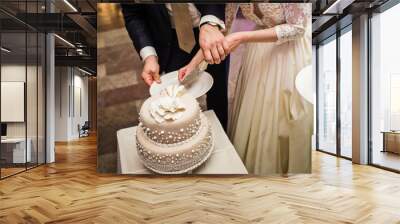 The bride and groom cut the wedding cake at a Banquet in a restaurant Wall mural