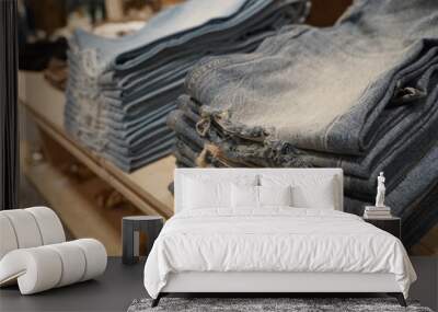 The jeans are stacked on top of each other. Wall mural