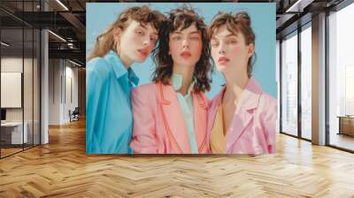 Three models pose in retro-inspired haute couture outfits against a light blue backdrop. The clothing, made from minimal fabrics, features hues of salmon-pink and pastel blue, evoking a retro vibe Wall mural