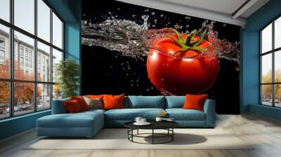 Tomato in a splash of water on a black background. Premium fresh organic vegetables Wall mural