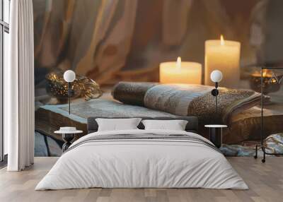 Torah and two Shabbat candlesticks with burning candles on a wooden table. Wall mural