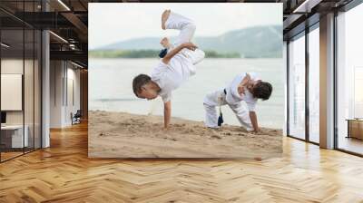 Training of two children on the beach: capoeira, sports Wall mural