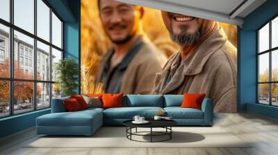 Two farmers smiling in wheat field. Wall mural