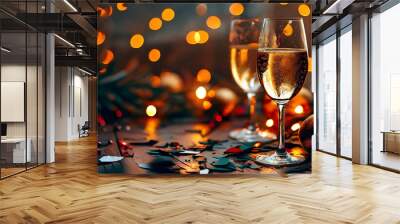 two glasses of champagne and christmas decorations Wall mural