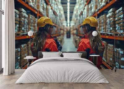 Two workers in reflective jackets and helmets inspecting inventory in a large warehouse during daylight hours Wall mural