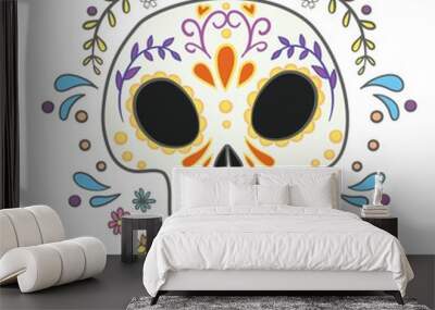 Vector sugar skull with marigold flowers wreath illustration in watercolor style. Dia de los muertos day. Halloween poster background, greeting card or t-shirt design on white backdrop Wall mural