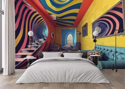 Vivid modern colorful interior. Super extravagant room design with optical illusion elements Wall mural