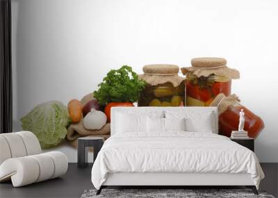 Fresh and tinned vegetables isolated on white Wall mural