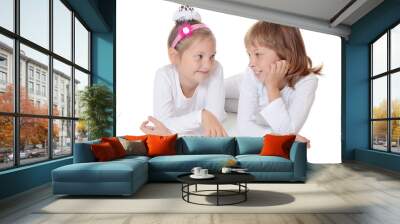 Two young girl friends on white background Wall mural