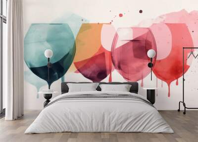 Wine glass. Wine minimalistic illustrations. Wine Bottle and glass. Bright colors. Watercolor style Wall mural