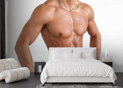 Wet muscular sexy man wrapped in towel isolated on white Wall mural