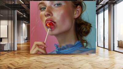 Young beautiful girl with a lollipop.  Female on a bright background. Photography in fashion editorial style Wall mural