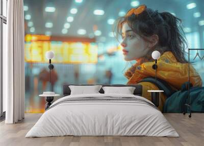 Young traveler in a yellow jacket waits at a brightly lit airport terminal during the day, showing anticipation and excitement for her journey Wall mural