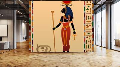 Religion of Ancient Egypt. Sekhmet - Goddess of the scorching sun, war and healing. Ancient Egyptian goddess with the head of a lioness. Vector illustration.
 Wall mural