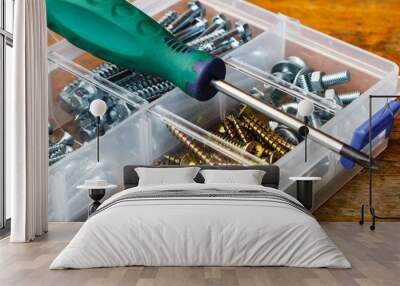 Screws and bolts in the storage box with screwdriver on the workbench Wall mural