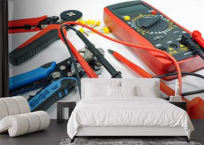 tools and equipment for electrical work on a white background Wall mural