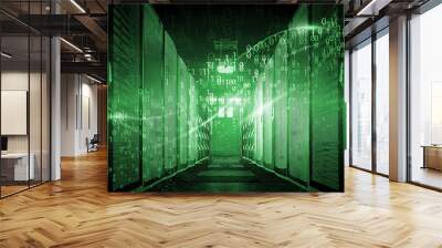 binary code particles and neon glowing cyber wave. in modern server room Big data structure. Internet or cyberspace technology concept. Green tone Wall mural