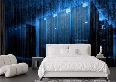 fantastic symmetric data center room with binary code penetrating supercomputers Wall mural