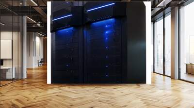 two modern supercomputers with blue light isolate Wall mural