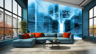 Urban innovation and information technology concept. Double exposure. Abstract blue digital city with power lines and data center Equipment. Wall mural