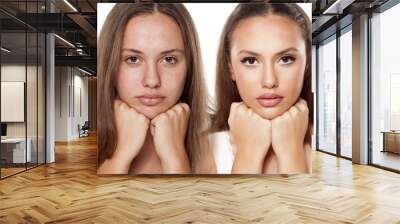 Comparison portrait of a woman without and with makeup Wall mural