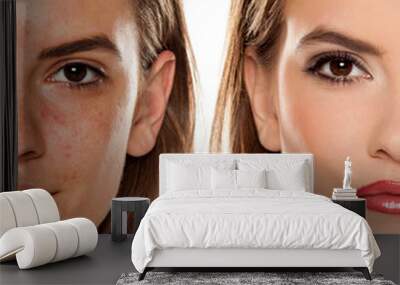 Comparison portrait of young beautiful woman before and after skin treatment and makeup on white backgeound Wall mural