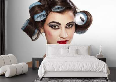 funny woman with curlers and bad makeup Wall mural