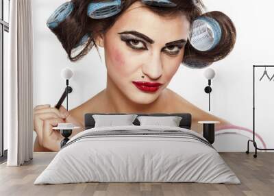 funny woman with curlers and bad makeup Wall mural