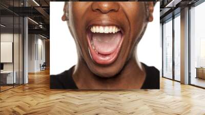 Open mouth closeup of young black african american guy on white background Wall mural