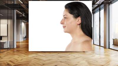 Profile of young smiling chubby and freckled woman without makeup Wall mural