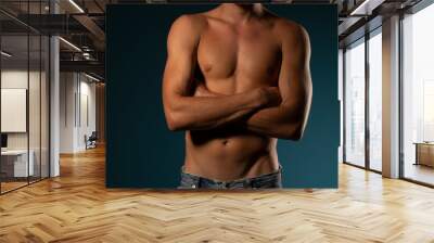 the torso of a young athletic guy with hands folded. concept: the male body after exercise and diet. men's health: shaved breasts on a dark background Wall mural