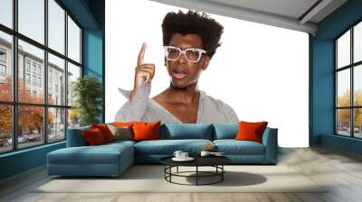 young handsome afro american hipster guy pointing up isolated on white background. people idea concept Wall mural