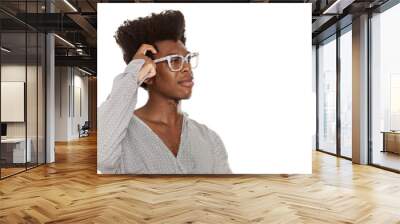 young handsome afro american hipster guy stylish and thoughtful isolated on white background. people lifestyle concept Wall mural