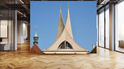 Benedictine monastery Emauzy - Emmaus Monastery. Frontal view. Architectural monument from fourteen century with two modern spiky towers on sunny day, Prague, Czech Republic. High quality photo Wall mural