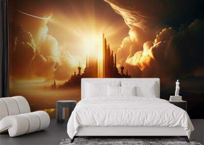 abstract new city in heaven, paradise city, afterlife, symbol of christianity, generative ai Wall mural