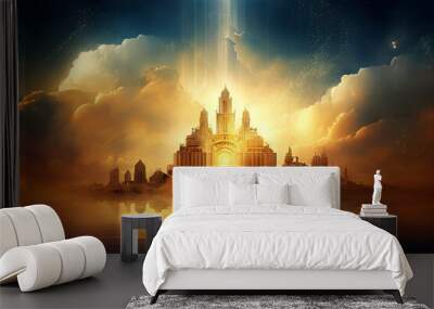 abstract new city in heaven, paradise city, afterlife, symbol of christianity, generative ai Wall mural