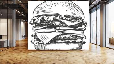 big burger, hamburger hand drawn vector illustration sketch retro style Wall mural