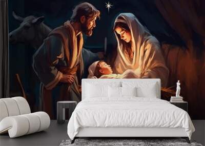 Christmas story. Christmas night, Mary, Joseph and the baby Jesus, Son of God , symbol of Christianity , generative ai Wall mural