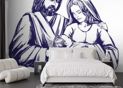 Christmas story. Mary, Joseph and the baby Jesus, Son of God , symbol of Christianity hand drawn vector illustration. Wall mural