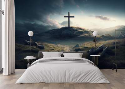 cross on the hill, the path leading to God, Happy easter. Christian symbol of faith, generative ai Wall mural