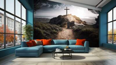 cross on the hill, the path leading to God, Happy easter. Christian symbol of faith, generative ai Wall mural