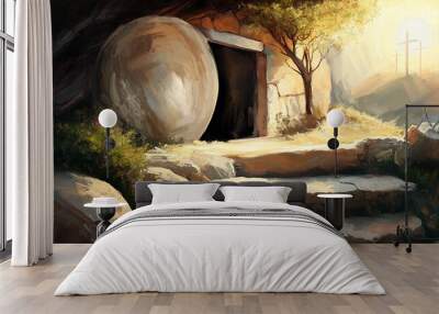 Easter Jesus Christ rose from the dead. Sunday morning. Dawn. The empty tomb in the background of the crucifixion. Happy easter. Christian symbol of faith, art illustration painted oil style Wall mural